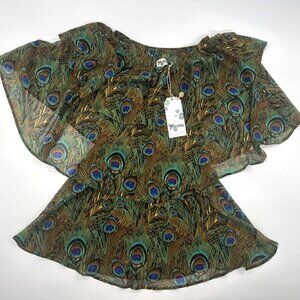 Show Me Mumu Romper Medium Peacock Feather Print Off Shoulder Triple Decker NEW